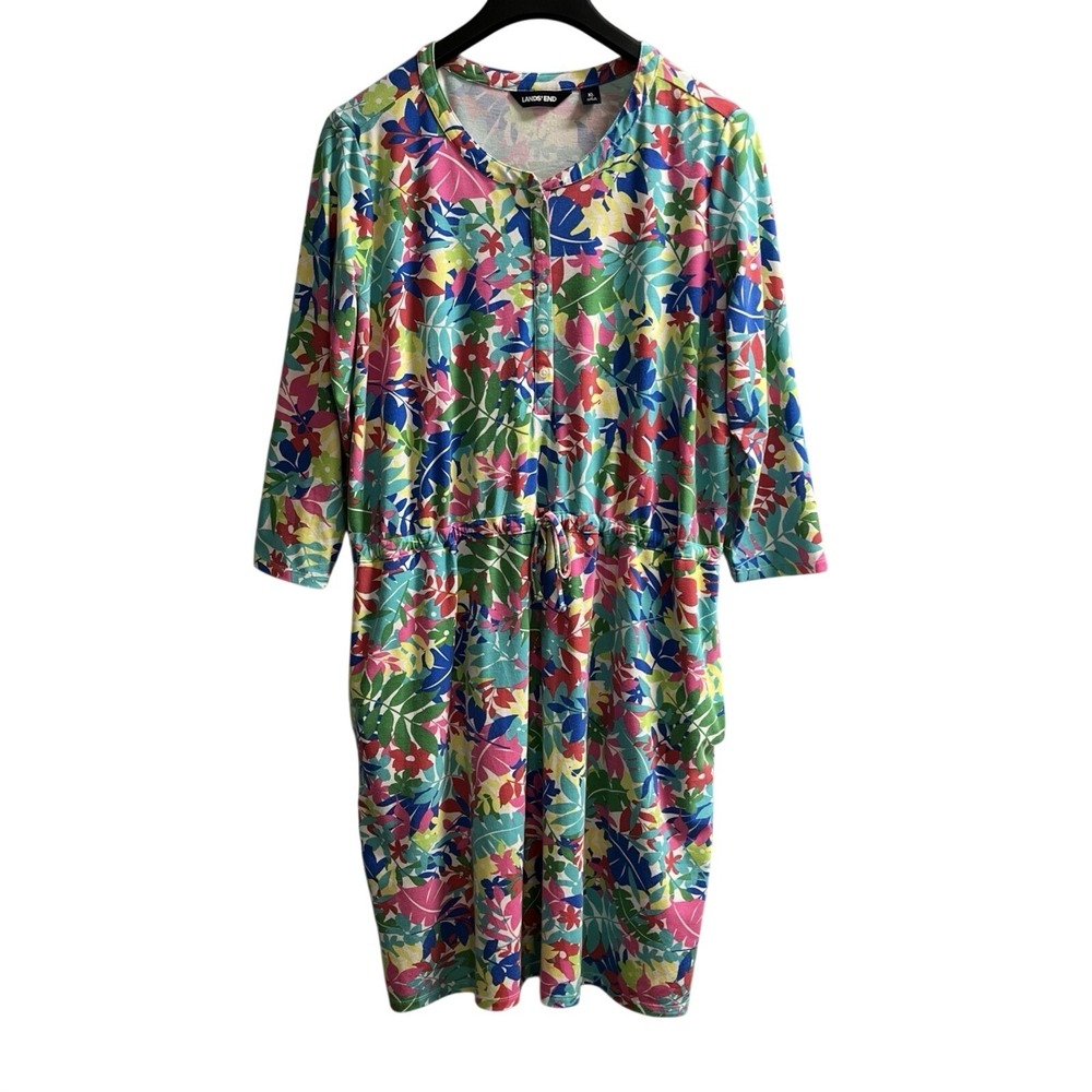 Lands End Dress Colorful Floral Drawstring Waist Midi Size XL Beach Vacation